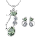 Certified 2.37 Ctw Green Amethyst And Diamond Cat Necklace + Earrings Jewelry Set For Styles Female
