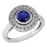 Certified 1.12 Ctw Blue Sapphire And Diamond Wedding/Engagement Style 14K White Gold Halo Rings