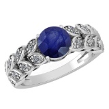 Certified 1.47 Ctw Blue Sapphire And Diamond Wedding/Engagement Style 14k White Gold Halo Rings