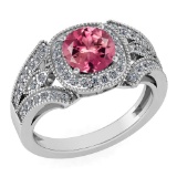Certified 1.58 Ctw Pink Tourmaline And Diamond Wedding/Engagement Style 14k White Gold Halo Rings