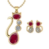 Certified 2.37 Ctw Ruby And Diamond Cat Necklace + Earrings Jewelry Set For Styles Female 14K Yellow