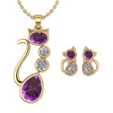 Certified 2.37 Ctw Amethyst And Diamond Cat Necklace + Earrings Jewelry Set For Styles Female 14K Ye