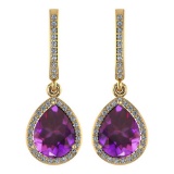 Certified 4.35 Ctw Amethyst And Diamond Wedding/Engagement Style 14K Yellow Gold Drop Earrings