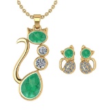 Certified 2.37 Ctw Emerlad And Diamond Cat Necklace + Earrings Jewelry Set For Styles Female 14K Yel