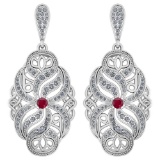 Certified 1.18 Ctw Ruby And Diamond Wedding/Engagement Style 14k White Gold Halo Hanging Stud Earrin