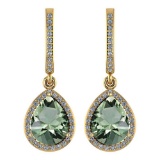 Certified 4.35 Ctw Green Amethyst And Diamond Wedding/Engagement Style 14K Yellow Gold Drop Earrings