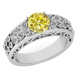 Certified 1.42 Ctw Treated Fancy Yellow Diamond And White G-H Diamond Wedding/Engagement 14K White G