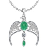 Certified 3.41 Ctw Emerlad And Diamond Eagle Necklace For womens collection 14K White Gold