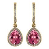 Certified 4.35 Ctw Pink Tourmaline And Diamond Wedding/Engagement Style 14K Yellow Gold Drop Earring