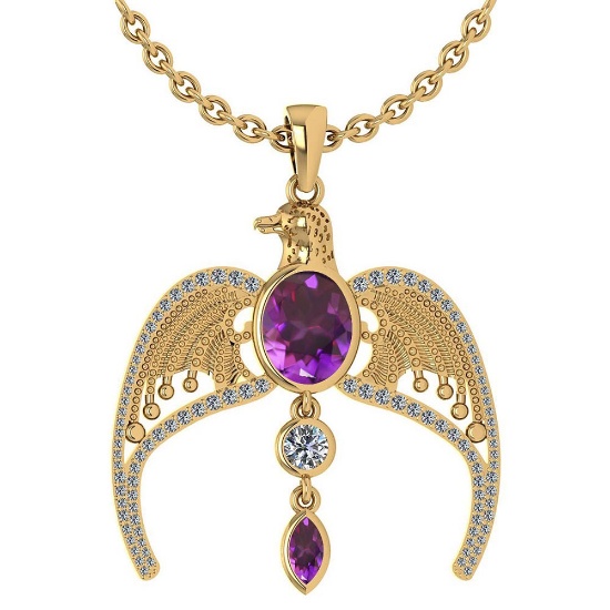 Certified 3.41 Ctw Amethyst And Diamond Eagle Necklace For womens collection 14K Yellow Gold (VS/SI1
