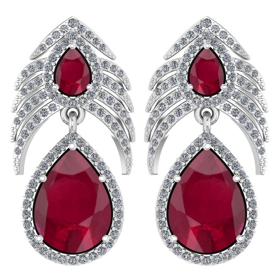 Certified 7.38 Ctw Ruby And Diamond Pear Shape Hangling Stud Earring 14k White Gold (SI2/I1)