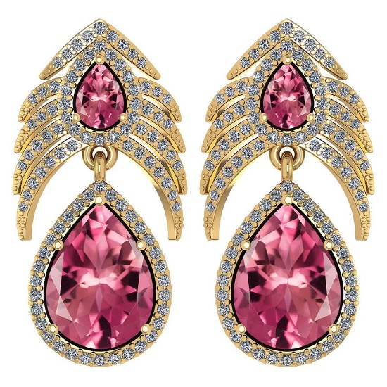 Certified 7.38 Ctw Pink Tourmaline And Diamond Pear Shape Hangling Stud Earrings 14K Yellow Gold (VS