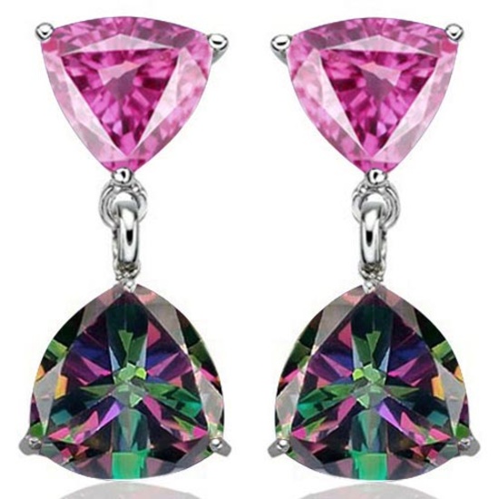 2 CTW CREATED PINK SAPPHIRE & 2 1/3 CTW MYSTIC GEMSTONE .925 STERLING SILVER EARRINGS