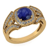 Certified 1.58 Ctw Blue Sapphire And Diamond Wedding/Engagement Style 14k Yellow Gold Halo Ring (VS/