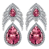 Certified 7.38 Ctw Pink Tourmaline And Diamond Pear Shape Hangling Stud Earring 14k White Gold (SI2/