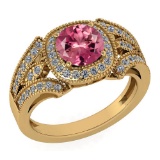Certified 1.58 Ctw Pink Tourmaline And Diamond Wedding/Engagement Style 14k Yellow Gold Halo Ring (V