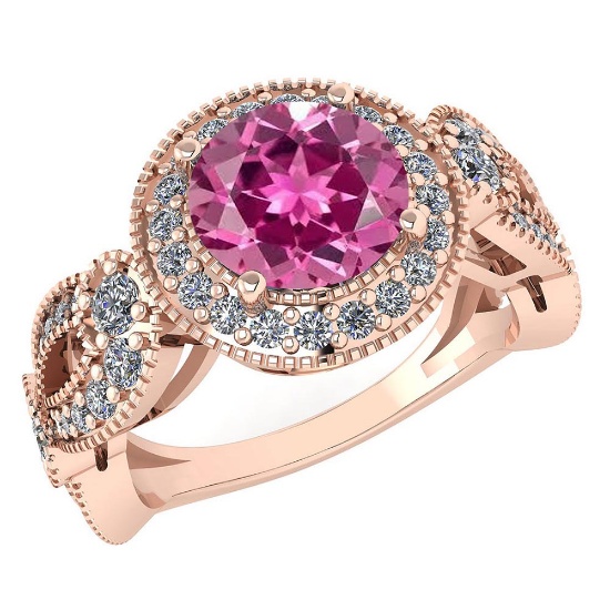 Certified 1.90 Ctw Pink Tourmaline And Diamond Wedding/Engagement 14K Rose Gold Halo Ring (VS/SI1)