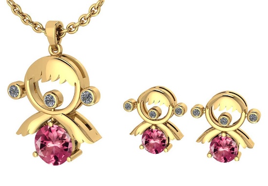 Certified 0.93 Ctw Pink Tourmaline And Diamond Tiny Angel Necklace + Earrings Jewelry Set 14K Yellow