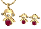 Certified 0.93 Ctw Ruby And Diamond Tiny Angel Necklace + Earrings Jewelry Set 14K Yellow Gold (VS/S