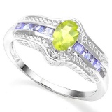 .925 STERLING SILVER 0.80 CTW PERIDOT &TANZANITE COCKTAIL RING