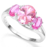 .925 STERLING SILVER OVAL 4.14CTW CREATED PINK SAPPHIRE & DIAMOND WOMEN RING