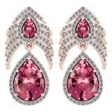 Certified 7.38 Ctw Pink Tourmaline And Diamond Pear Shape Hangling Stud Earring 14K Rose Gold (VS/SI