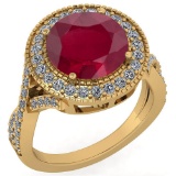 Certified 4.13 Ctw Ruby And Diamond VS/SI1 Engagement Halo Ring 14K Yellow Gold Made In USA