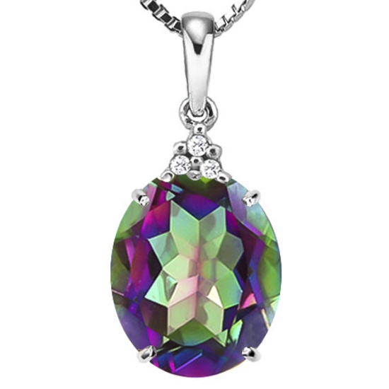 0.56 CTW RAINBOW MYSTICS 10K SOLID WHITE GOLD OVAL SHAPE PENDANT WITH ANCENT DIAMONDS