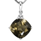 0.81 CTW SMOKEY 10K SOLID WHITE GOLD CUSHION SHAPE PENDANT WITH ANCENT DIAMONDS