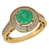 Certified 1.71 Ctw Emerald And Diamond 14K Yellow Gold Halo Ring