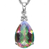 0.58 CTW RAINBOW MYSTIC 10K SOLID WHITE GOLD PEAR SHAPE PENDANT WITH ANCENT DIAMONDS