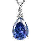 1.05 CTW CREATED TANZANITE 10K SOLID WHITE GOLD PEAR SHAPE PENDANT WITH ANCENT DIAMONDS
