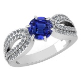 Certified 1.71 Ctw Blue Sapphire And Diamond Wedding/Engagement 14K White Gold Halo Ring
