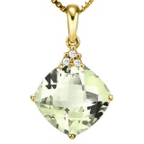 0.78 CTW GREEN AMETHYST 10K SOLID YELLOW GOLD CUSHION SHAPE PENDANT WITH ANCENT DIAMONDS