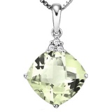 0.84 CTW GREEN AMETHYST 10K SOLID WHITE GOLD CUSHION SHAPE PENDANT WITH ANCENT DIAMONDS