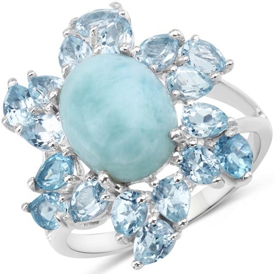 6.94 CTW Genuine Larimar and Blue Topaz .925 Sterling Silver Ring