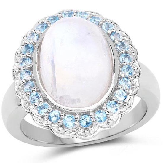 7.21 CTW Genuine White Rainbow Moonstone & Swiss Blue Topaz .925 Sterling Silver Ring
