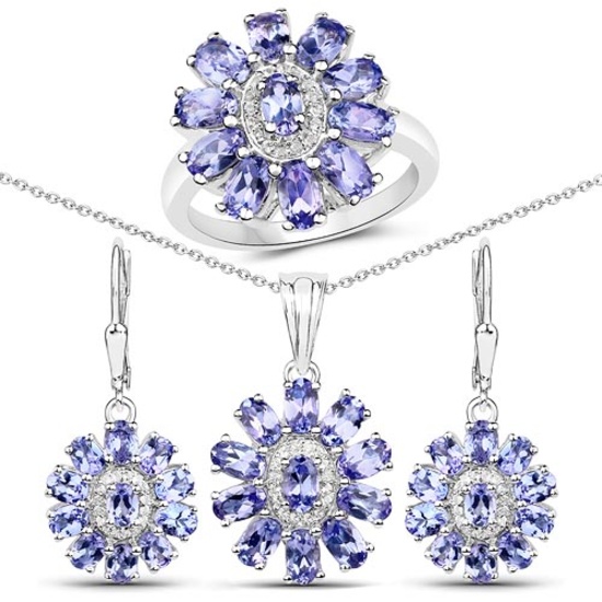 9.56 CTW Genuine Tanzanite and White Topaz .925 Sterling Silver 3 Piece Jewelry Set (Ring Earrings a
