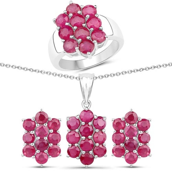 8.60 CTW Genuine Ruby .925 Sterling Silver 3 Piece Jewelry Set (Ring Earrings and Pendant w/ Chain)