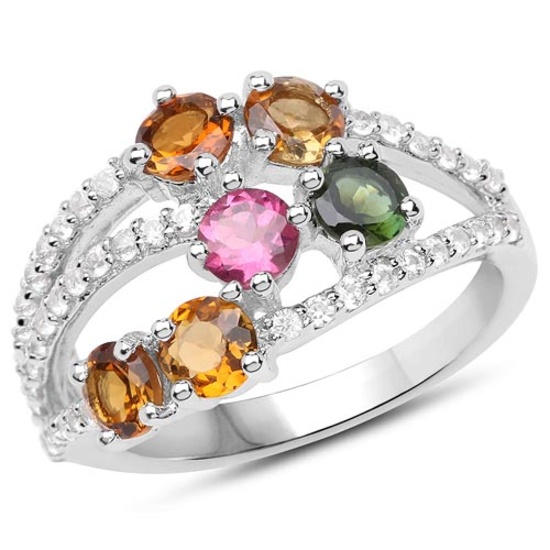 2.21 CTW Genuine Multi Tourmaline and White Zircon .925 Sterling Silver Ring