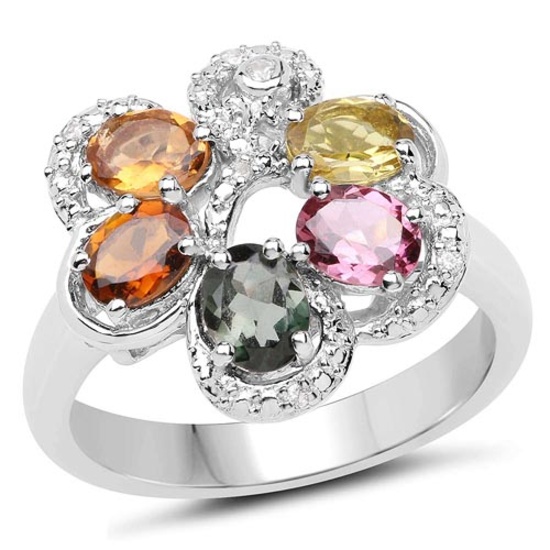 1.60 CTW Genuine Multi Tourmaline and White Zircon .925 Sterling Silver Ring