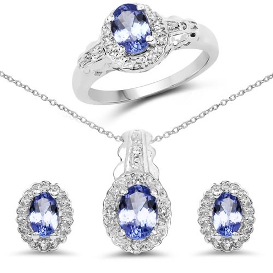 2.46 CTW Genuine Tanzanite and White Topaz .925 Sterling Silver Jewelry Set