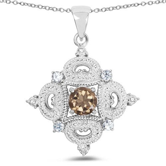 3.00 CTW Genuine Smoky Quartz Blue Topaz and White Topaz .925 Sterling Silver Pendant