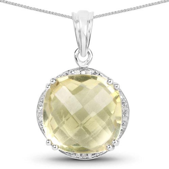 13.05 CTW Genuine Lemon Quartz and White Diamond .925 Sterling Silver Pendant