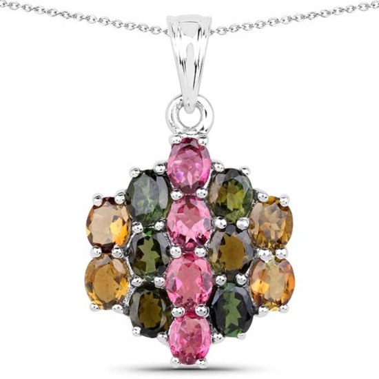 4.34 CTW Genuine Pink Tourmaline Green Tourmaline & Brown Tourmaline .925 Sterling Silver Pendant