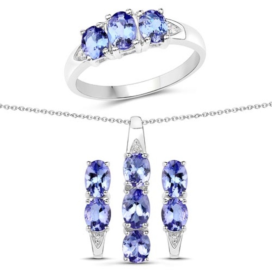3.77 CTW Genuine Tanzanite and White Topaz .925 Sterling Silver 3 Piece Jewelry Set (Ring Earrings a