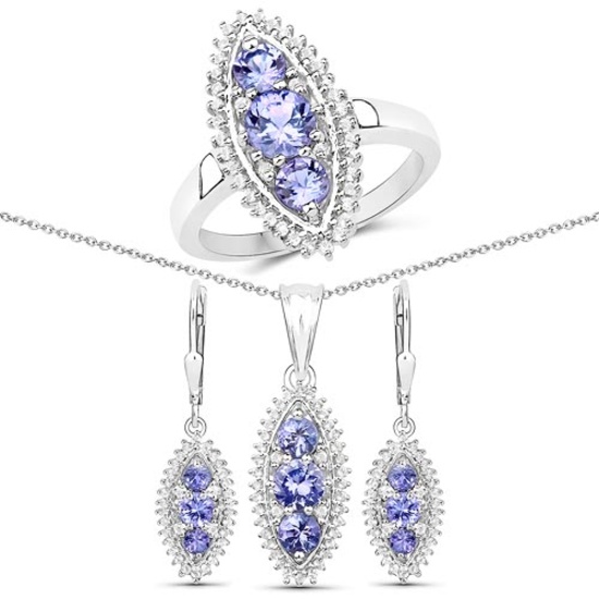 3.62 CTW Genuine Tanzanite and White Topaz .925 Sterling Silver 3 Piece Jewelry Set (Ring Earrings a