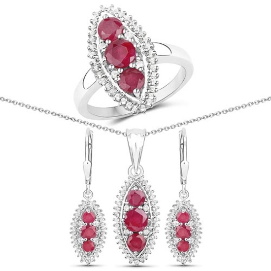 4.32 CTW Genuine Ruby and White Topaz .925 Sterling Silver 3 Piece Jewelry Set (Ring Earrings and Pe