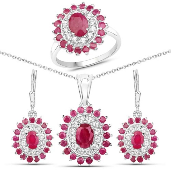 7.30 CTW Genuine Ruby and White Topaz .925 Sterling Silver 3 Piece Jewelry Set (Ring Earrings and Pe