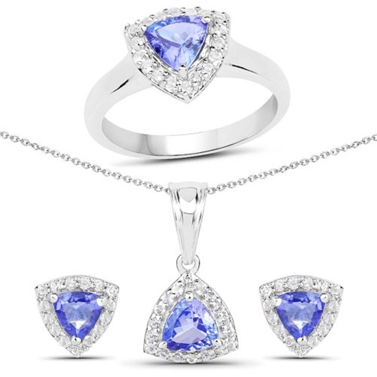 3.35 CTW Genuine Tanzanite and White Topaz .925 Sterling Silver Ring Pendant and Earrings Set